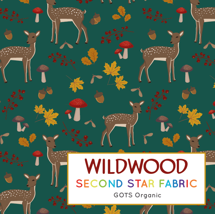 Deer jersey fabric. Animal, toadstool themed organic cotton elastane jersey fabric